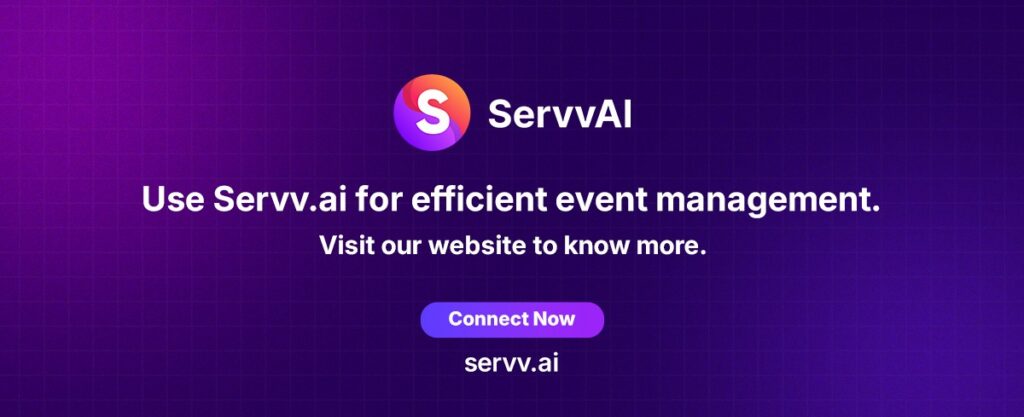 ServvAI branding with call to action encouraging users to connect and explore AI-powered event management solutions