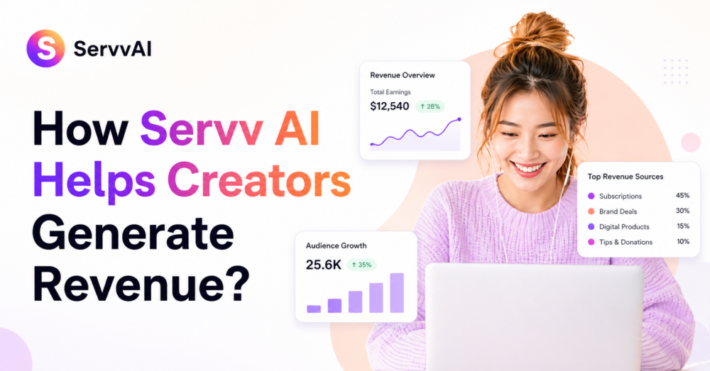 Servv AI dashboard showing creator revenue growth and monetization insights